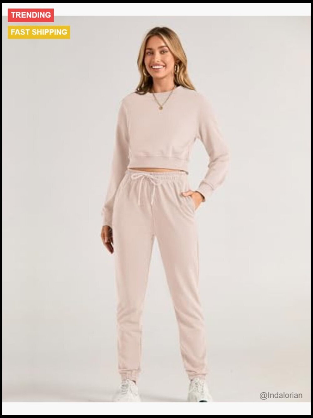 Cotton Polyester Long Sleeve Crop Top Jogger Set with Pockets - Picture 2 of 7
